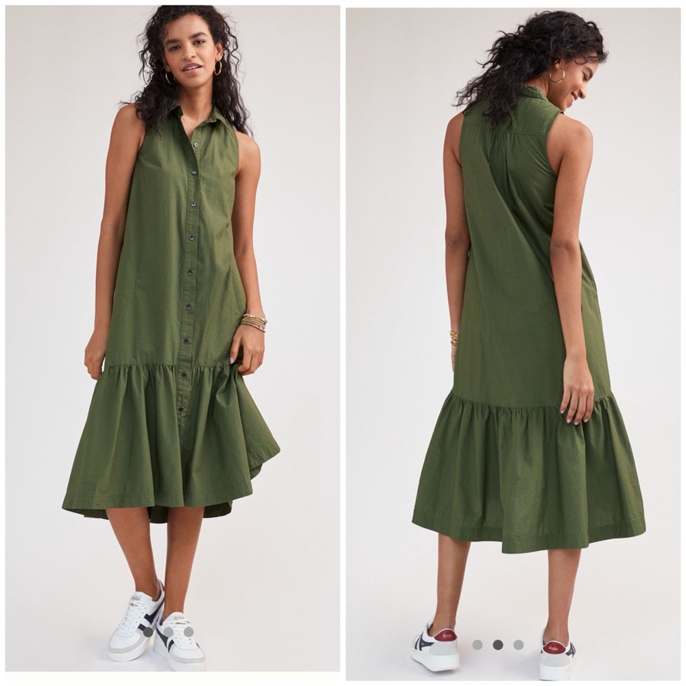 💋Anthropologie Maeve Paola flounce Olive Green Midi Dress